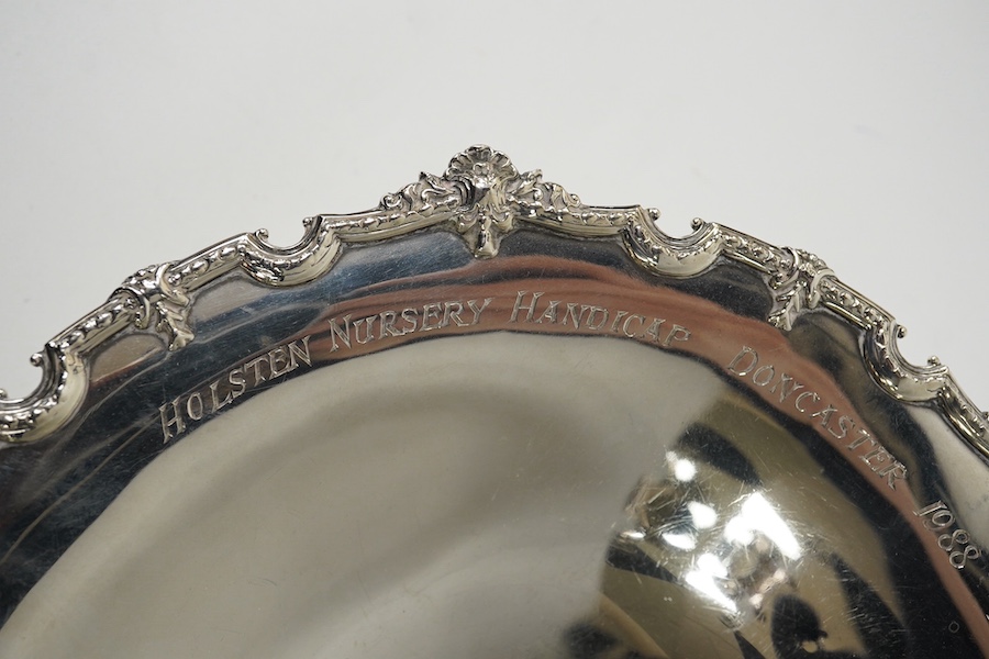 A George V silver pedestal bowl, by Mappin & Webb, Birmingham, 1931, with later engraved inscription, 22.6cm, 8.6oz. Condition - poor